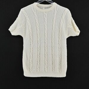 Vtg 70s Handmade Cable Knit Sweater Womens Size M Grandmacore Ski Short Sleeve